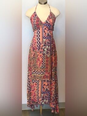 NWT South Moon Under Peach & Navy Patchwork Halter Maxi Dress